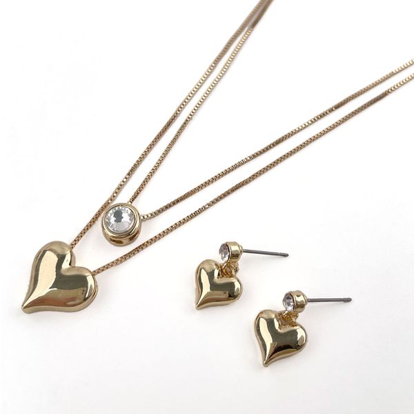 Necklace and Earrings Diamante Heart Layered Set Rose Gold
