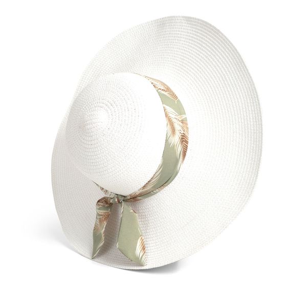 Hat Widebrim Straw With Feather Print Band White Green