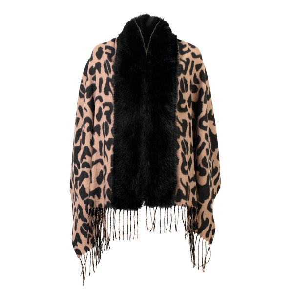 Scarf Fur Trim Animal Print Wrap Black Green