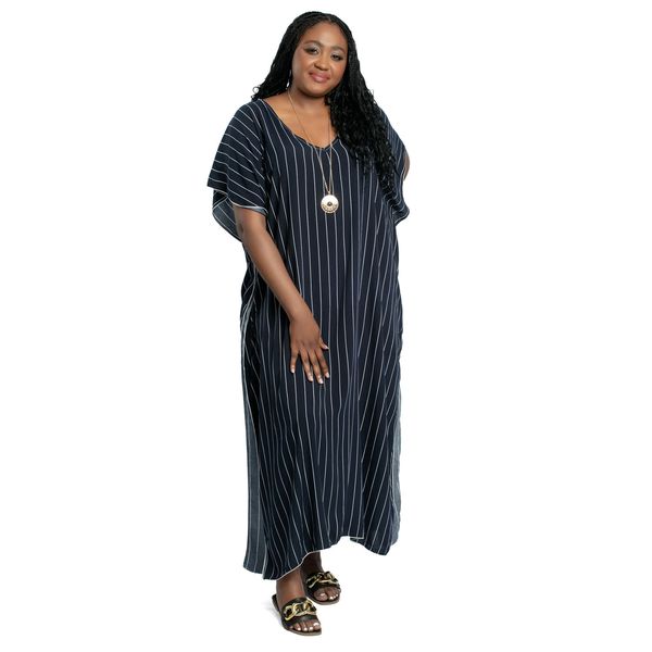 Kimono Long Dress with Stripe Print Navy