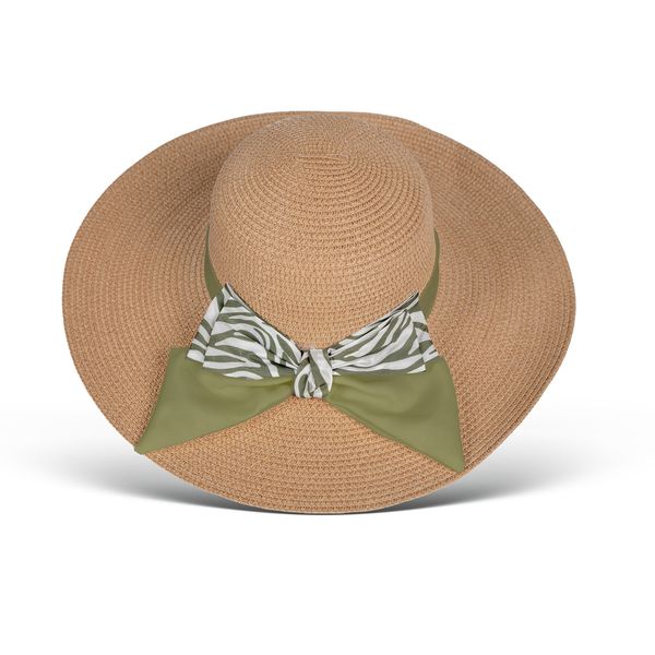 Hat Printed Bow Trim Widebrim Natural Olive