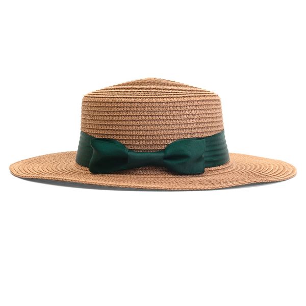 Hat Straw Boater with Bow Trim Natural Turqoise