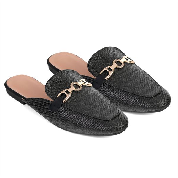 Shoes Penny Raffia Mules with Gold Trim Black Size 6