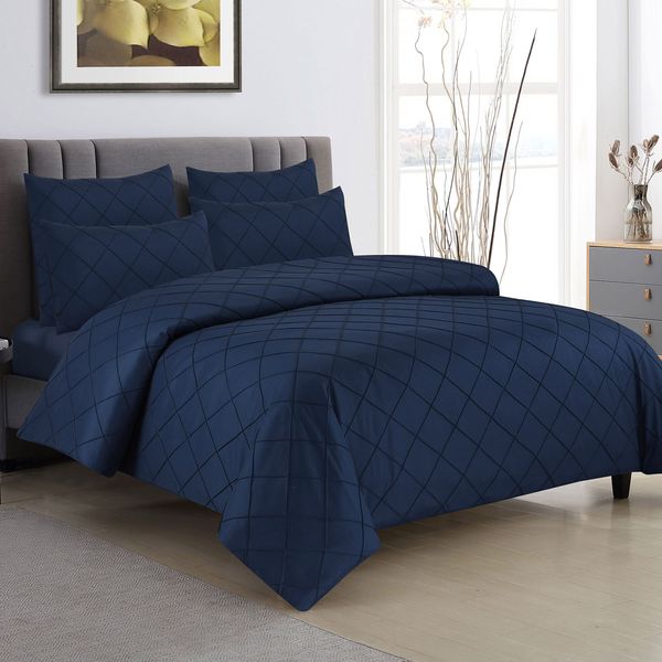 Classic Navy Queen Pintuck Duvet Set
