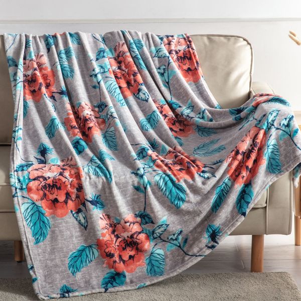 Floral Orange Grey Blanket