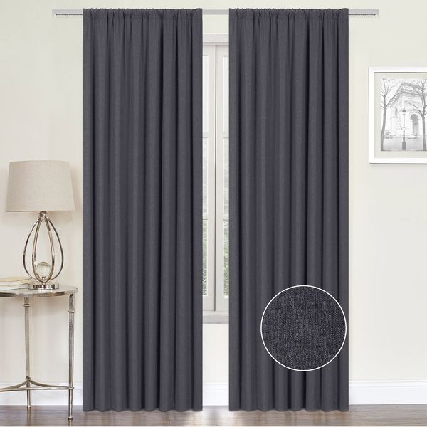 Linen Look Dark Grey Blockout Taped curtain