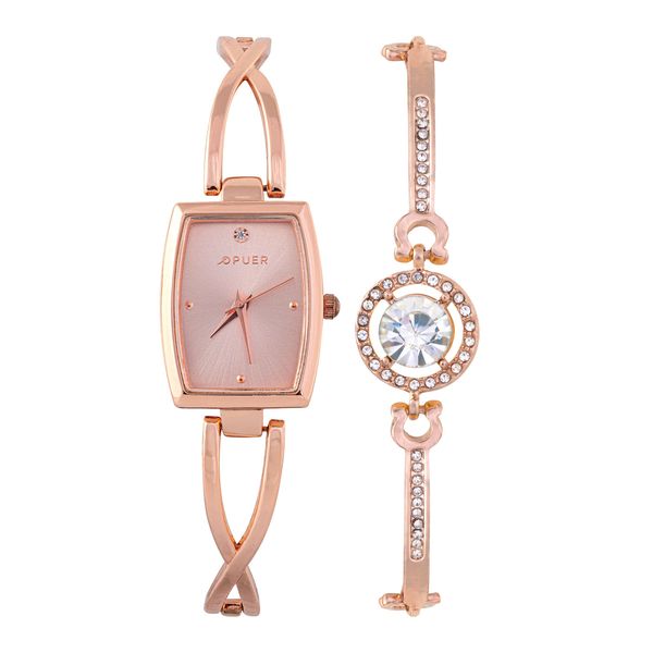 Watch Tisha Link Chain and Diamante Bracelet Gift Set Rose Gold