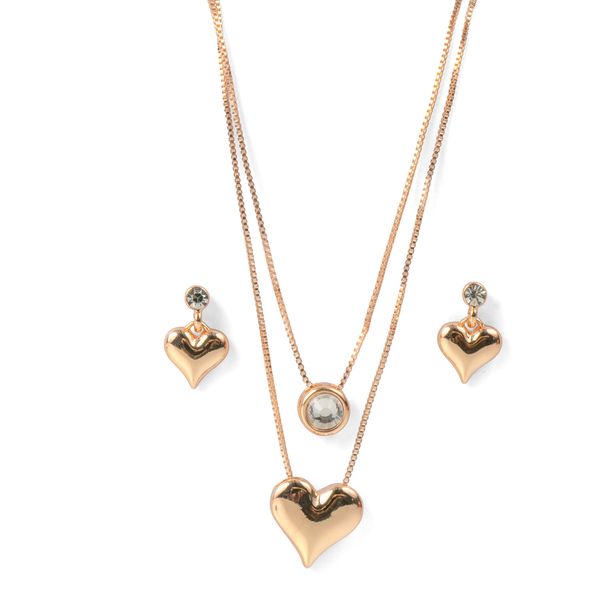 Necklace and Earrings Diamante Heart Layered Set Gold
