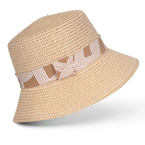 Hat Straw Bucket with Band Trim Natural
