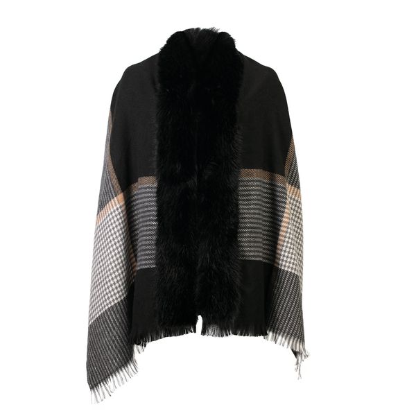Scarf Fur Trim Check Print Wrap Black Multi