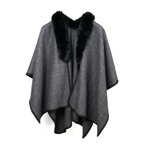 Scarf Faux Fur Trim Houndstooth Wrap Black Grey Tan