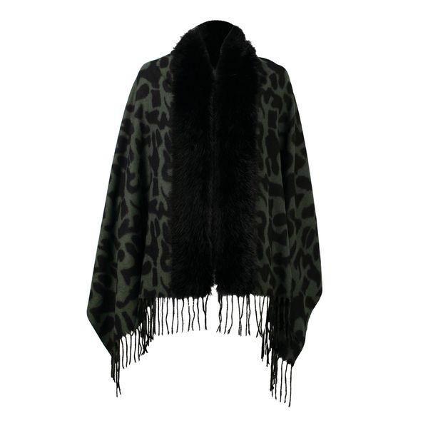 Scarf Fur Trim Animal Print Wrap Black Beige