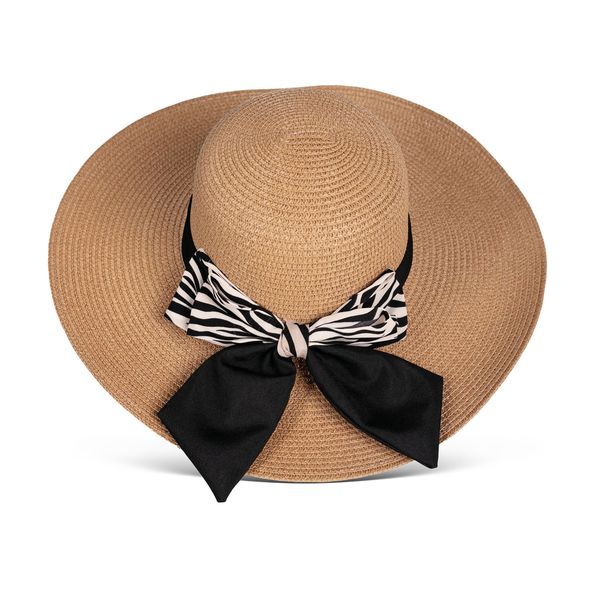 Hat Printed Bow Trim Widebrim Natural Black