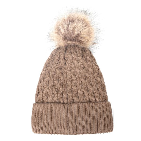 Beanie Hat Knitted Cable with Pom Pom Mocha