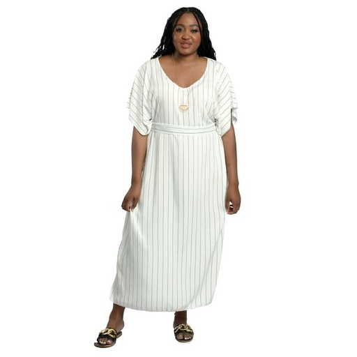 [11095] Kimono Long Dress with Stripe Print White