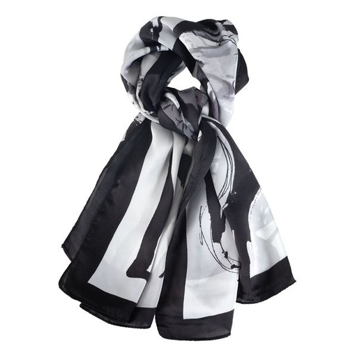 [10774] Scarf Floral Print Big Satin Neck Black White