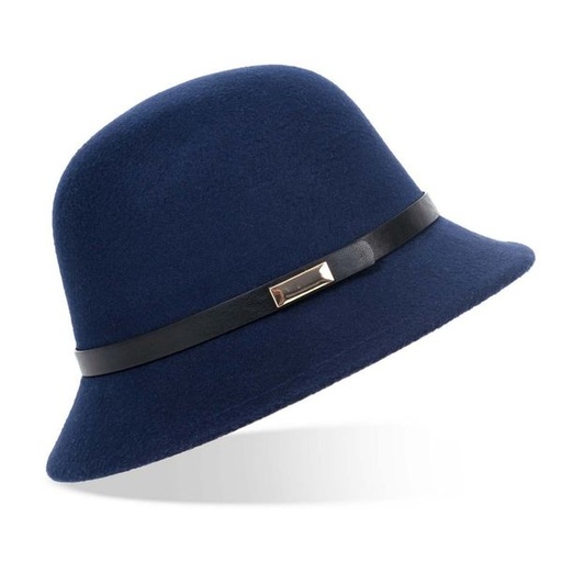 [9483] Hat Felt Cloche With Gold Plate Belt Trim Navy