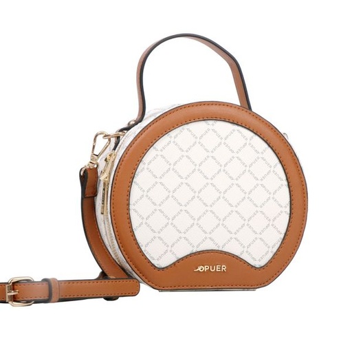 [7056] Handbag Puer Logo Round Crossbody Cream & Tan