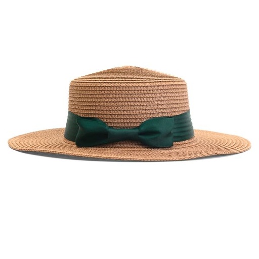 [11092] Hat Straw Boater with Bow Trim Natural Turqoise