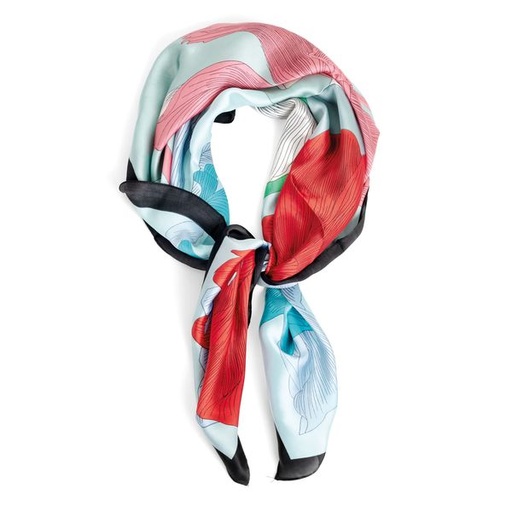 [8431] Scarf Neck Flower Border Print Satin Multi