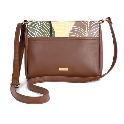 [11578] Handbag Kelsey Leaf Print PU Crossbody Multi/ Brown