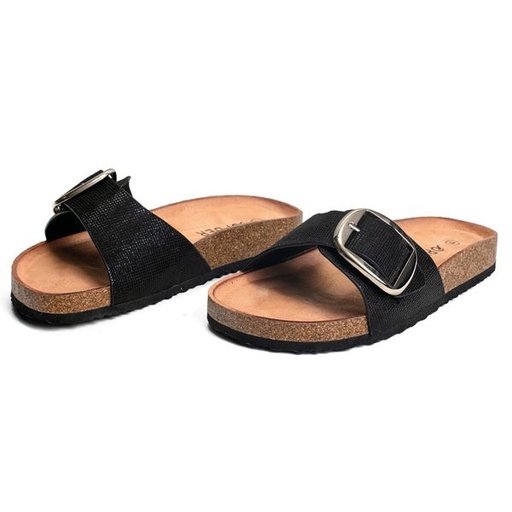 [11025] Shoes Luna Buckle Detail Flat Comfort Slides Black Size 8