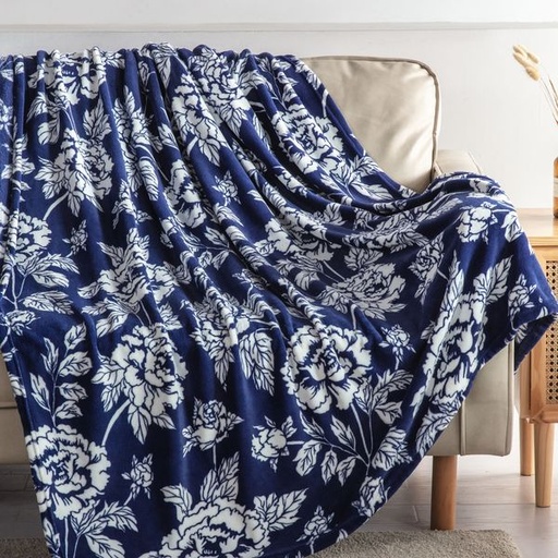 [7390] Floral Navy Blue Blanket