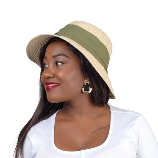 [10761] Hat Straw Cloche With Rouched Band Natural Olive
