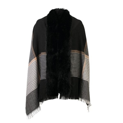 [11968] Scarf Fur Trim Check Print Wrap Black Multi