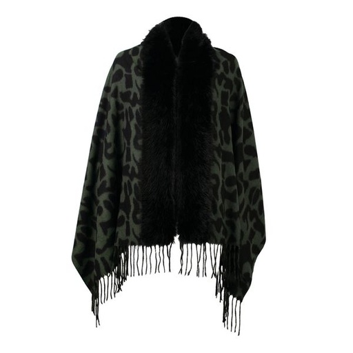 [11967] Scarf Fur Trim Animal Print Wrap Black Beige