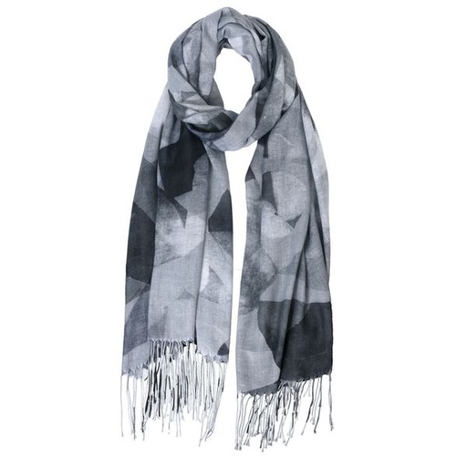 [9479] Scarf Abstract Print With Tassels Black Grey