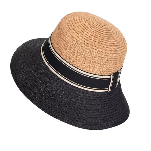 [10765] Hat 2 Tone Straw Cloche Natural Black