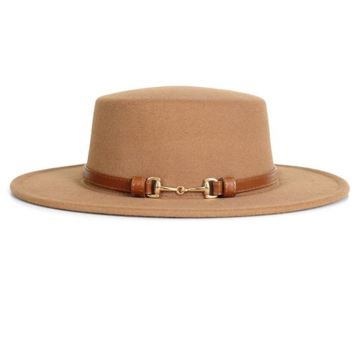 [11840] Hat Felt Boater with Gold Link Trim Band Tan