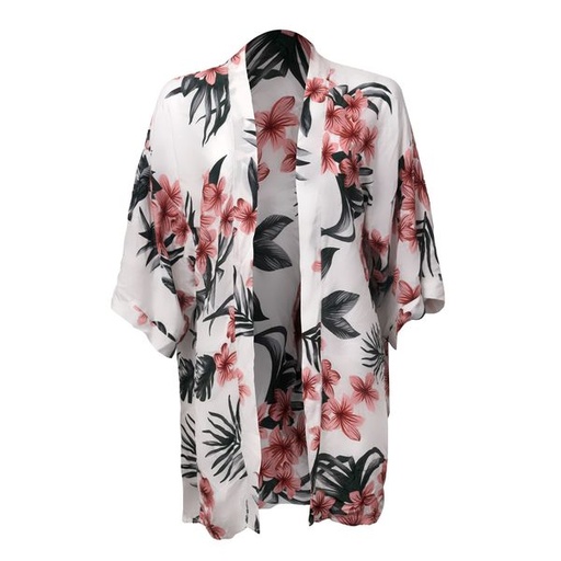 [8315] Kimono Tropical Flower Print White Pink Green