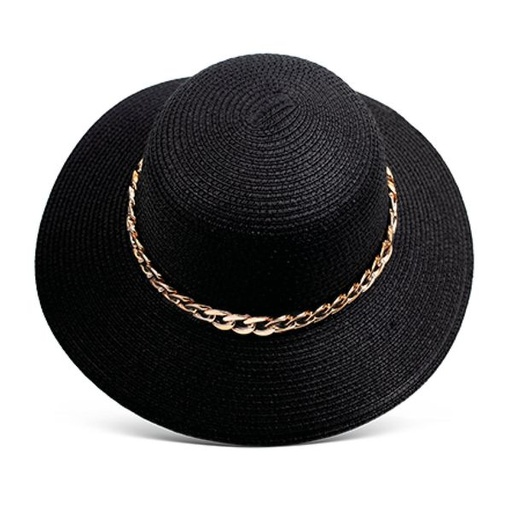 [14482] Hat Straw Chain Trim Cloche Black